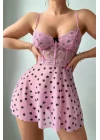Pembe Kalp Desenli Dantel İşlemeli Fantezi Gecelik