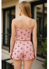 Pembe Kiraz Desenli Kurdelalı Askılı Şortlu Pijama Takımı