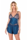Petrol Mavisi Saten Babydoll Şort Takımı