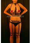 Püskül Choker Detaylı Siyah Deri Jartiyer Harness Takım - Brf302