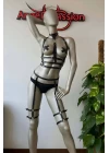 Püskül Choker Detaylı Siyah Deri Jartiyer Harness Takım - Brf302