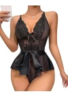 Siyah Dantel İşlemeli Kurdelalı Fantezi Tül Babydoll