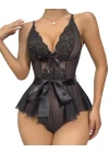 Siyah Dantel İşlemeli Kurdelalı Fantezi Tül Babydoll