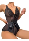 Siyah Dantel İşlemeli Kurdelalı Fantezi Tül Babydoll