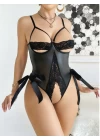 Siyah Dantel İşlemeli Özel Bölgesi Açık Fantezi Deri Body