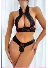 Siyah Dantel Şeritli Seksi Sütyen Külot Takım