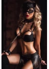 Siyah Etekli Tasma Maske Ve Sütyen Aksesuarlı Fantezi Harness Set