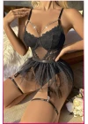 Siyah Göğüs Balenli, Tül Etekli Seksi Jartiyer Takım