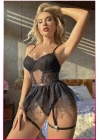 Siyah Göğüs Balenli, Tül Etekli Seksi Jartiyer Takım