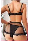Siyah Göğüs Balenli, Tül Etekli,bel Şeritli Seksi Jartiyer Takım