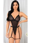 Siyah İp Detaylı Tül Fantezi Body