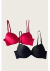 Siyah-kırmızı 2li Mikro Kumaş Push Up Dolgulu Balenli Günlük Destekli Sütyen