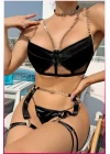 Siyah Merdüven Zincirli Göğüs Balenli Kadın Seksi Jartiyer Takım