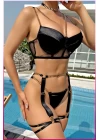 Siyah Merdüven Zincirli Göğüs Balenli Kadın Seksi Jartiyer Takım