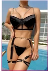 Siyah Merdüven Zincirli Göğüs Balenli Kadın Seksi Jartiyer Takım