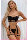 Siyah Merdüven Zincirli Göğüs Balenli Kadın Seksi Jartiyer Takım