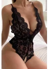 Siyah Özel Bölgesi Açık Fiyonklu Dantel Fantezi Body