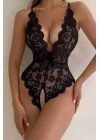 Siyah Özel Bölgesi Açık Fiyonklu Dantel Fantezi Body