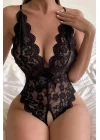 Siyah Özel Bölgesi Açık Fiyonklu Dantel Fantezi Body