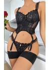 Siyah Sexy Kadın Dantelli Bodysuit Gecelik Takım