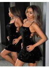 Siyah Sırt Dekolteli Simli Fantezi Mini Club Elbisesi