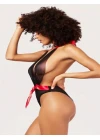 Siyah Transparan Tül Kırmızı Kurdelalı Fantezi Babydoll