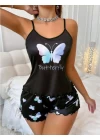 Siyah Üstüne Kelebek Desenli Askılı Şortlu Pijama Takımı