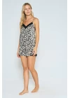 Viskon Dantel İşlemeli Leopar Desenli Şortlu Pijama Takımı