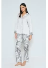 Viskon Jakarlı Önden Düğmeli Desenli Pijama Takımı