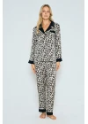 Viskon Leopar Desenli Önden Düğmeli Pijama Takımı