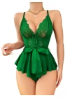 Yeşil Dantel İşlemeli Kurdelalı Fantezi Tül Babydoll