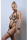 Zincir Detaylı Body Deri Harness, Kelepçeli Fantezi İç Giyim - Brf1098