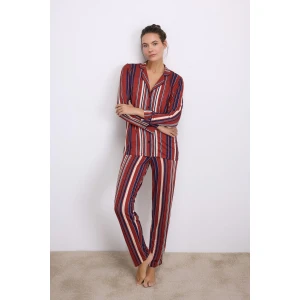 %100 Modal Uzun Kollu Düğmeli Çizgili Pijama Takımı