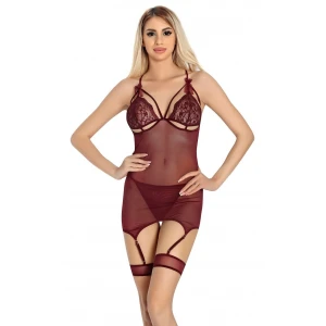 Bordo Dantel İşlemeli Göğüs İp Detaylı Fantezi Jartiyer Takımı