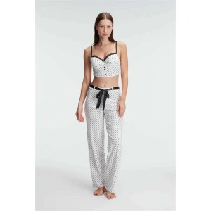 Fantezi Bralet Sütyen Pamuklu Puantiye Desenli Desteksiz Dantel Detaylı Pijama Takımı