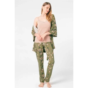 İp Askılı V Yaka Viskon Çiçek Desenli Kışlık Örme Normal Bel Bağlamalı Dantel Detaylı Pijama Takımı Sabahlık