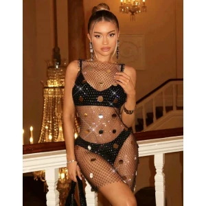 Işıltılı Pullu , Taşlı File Elbise– Kolsuz, Transparan, Parlak Gece Elbisesi