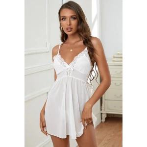 Kadın Beyaz V Yaka Dantel Detaylı Tül Gecelik