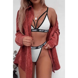 Kadın Beyaz Yazı Detaylı Ipli Sütyen Takımı