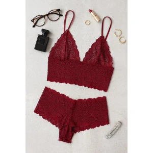 Kadın Bordo Dantel Bralet Şort Takımı – Asil Ve Sofistike İç Giyim