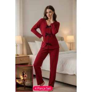 Kadın Bordo Fiyonklu İç Çamaşırı ve Uzun Kollu V Yaka Pijama Takımı 4lü Set