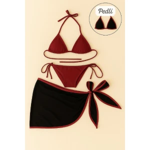 Kadın Bordo Siyah Pareolu Yandan ve Boyundan Bağlamalı 3lü Bikini Takımı