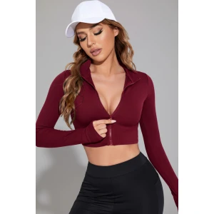 Kadın Bordo Uzun Kol Fermuarlı Parmak Geçme Detaylı Dik Yaka Crop Top Bluz