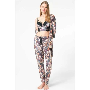 Kadın Kadife Çiçek Desenli Sabahlık Balenli Destekli Dolgulu Yaka Detaylı Dantelli Büstiyer Sütyen Ve Pantolon Pijama 3lü Takım