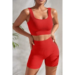 Kadın Kırmızı Kalın Askılı Yüksek Bel Şortlu Gecelik Takımı