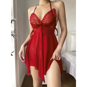 Kadın Kırmızı Kelebek Detaylı Tül Fantezi Gecelik 2246