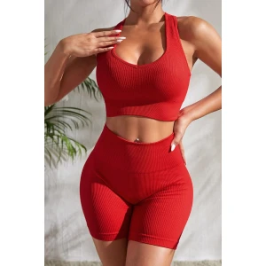 Kadın Kırmızı Yüksek Bel Çapraz Sırt Detaylı Şortlu Gecelik Takım