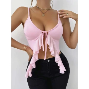 Kadın Pembe Crop Askılı Önden Bağlama Fırfır Detaylı 5090