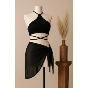 Kadın Siyah Çapraz Bağlamalı Crop ve Pareo 2li Set