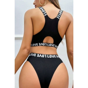 Kadın Siyah Çapraz Sırt ve Love Lastik Detaylı Sütyen Külot Takım